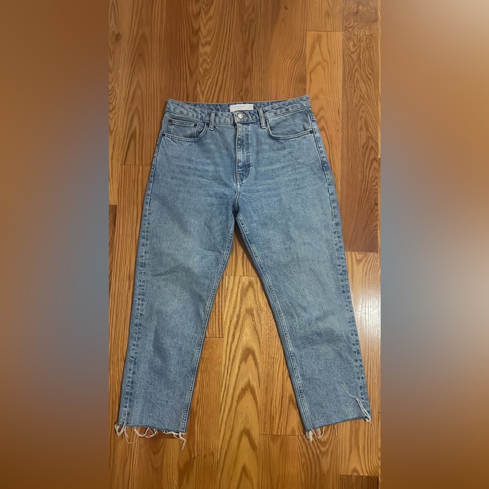 Topshop straight mom jeans, slightly cropped and distressed fringe.